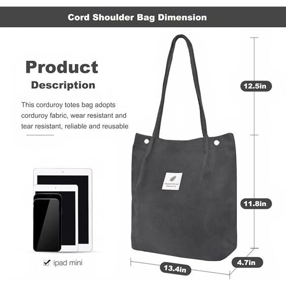 Women Dark Grey Imported Corduroy Small Canvas Shoulder Handy Tote Bag - Picture 3 of 4